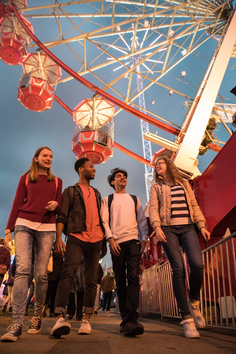 Undergraduate students enjoying Goose Fair, Forest Recreation Ground, Nottingham