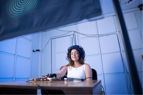 Child in awe with a special helmet on