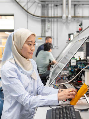 A person standing in a factory setting