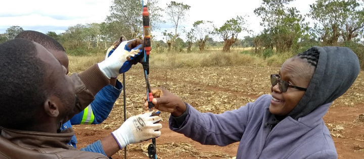woman and man examining soil and groundwater under conservation agriculture experiments