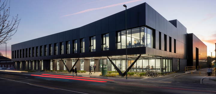 PEMC Building photographed at dusk