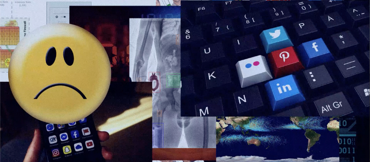 Frowning smiley face over a mix of social media images