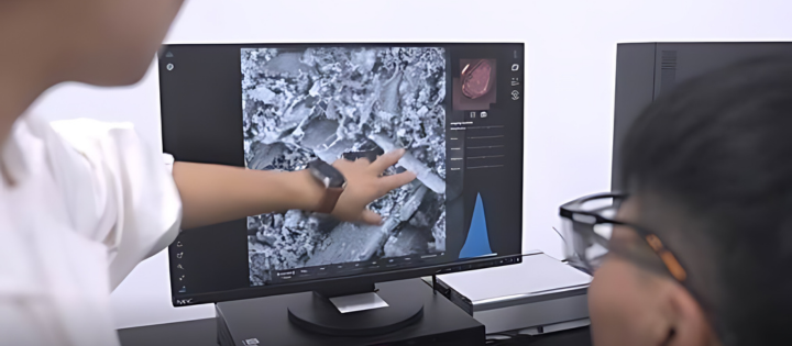 Photo of two people looking at computer.